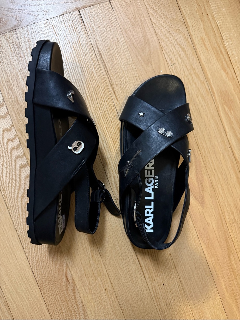 Karl Lagerfeld Black Cross-Strap Stud Sandals with Silver Accents